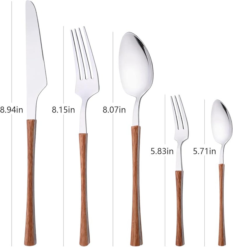 Brown Silver 20 Piece Stainless Steel Cutlery Set Wood Grain Handle For 4 - Image 5